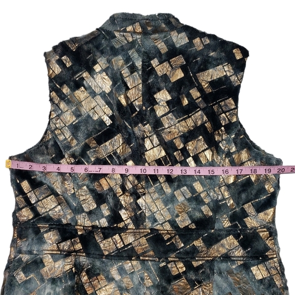 Erin London Faux Fur Vest Size Medium Gray Gold Metallic Abstract Print Full Zip - Picture 14 of 14